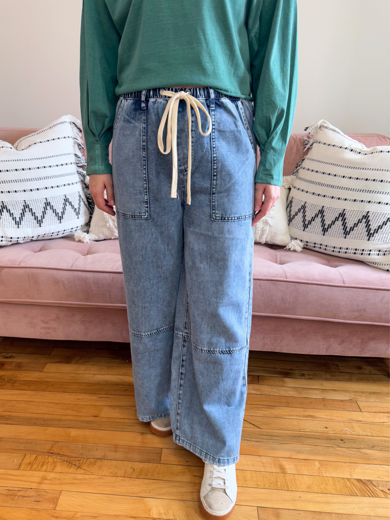 Wide Leg Elastic Waist Denim Pants - Collective Rose